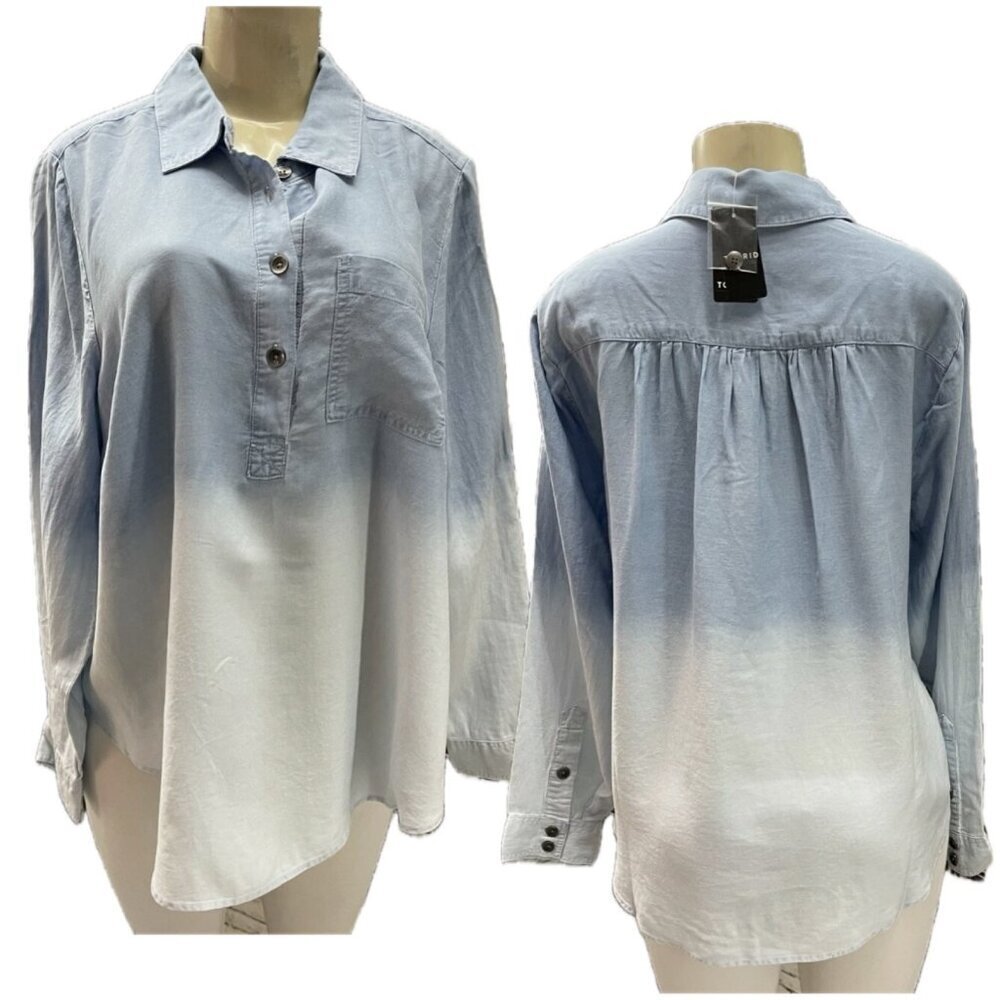 Torrid 10 Blue-White Ombre Bleached Button Placket Collar Long Sleeve Shirt